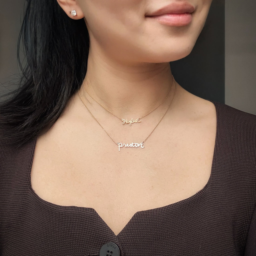 Transform your actual handwriting into solid 14k gold. A custom name necklace made in New York and crafted to last.