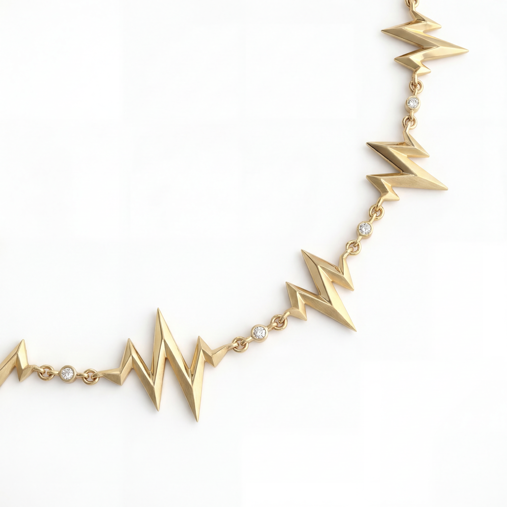 Sculptural necklace featuring an EKG heartbeat waveform design with angular peaks and bezel-set diamond accents