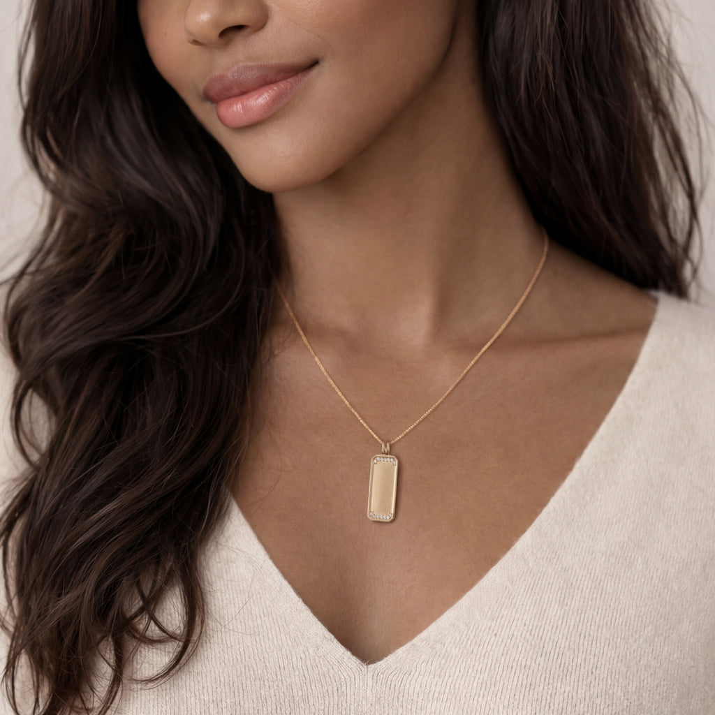 Minimal gold engraving pendant necklace for names or dates, personalized everyday fine jewelry