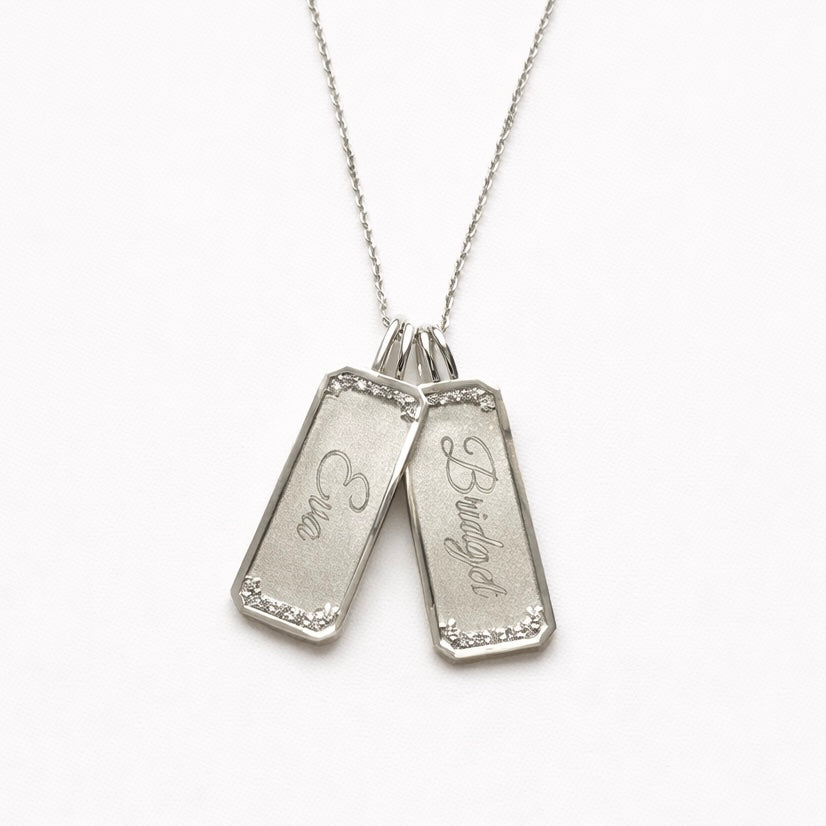Rosemere solid 14k gold tag necklace with custom script engraving and diamond border detail